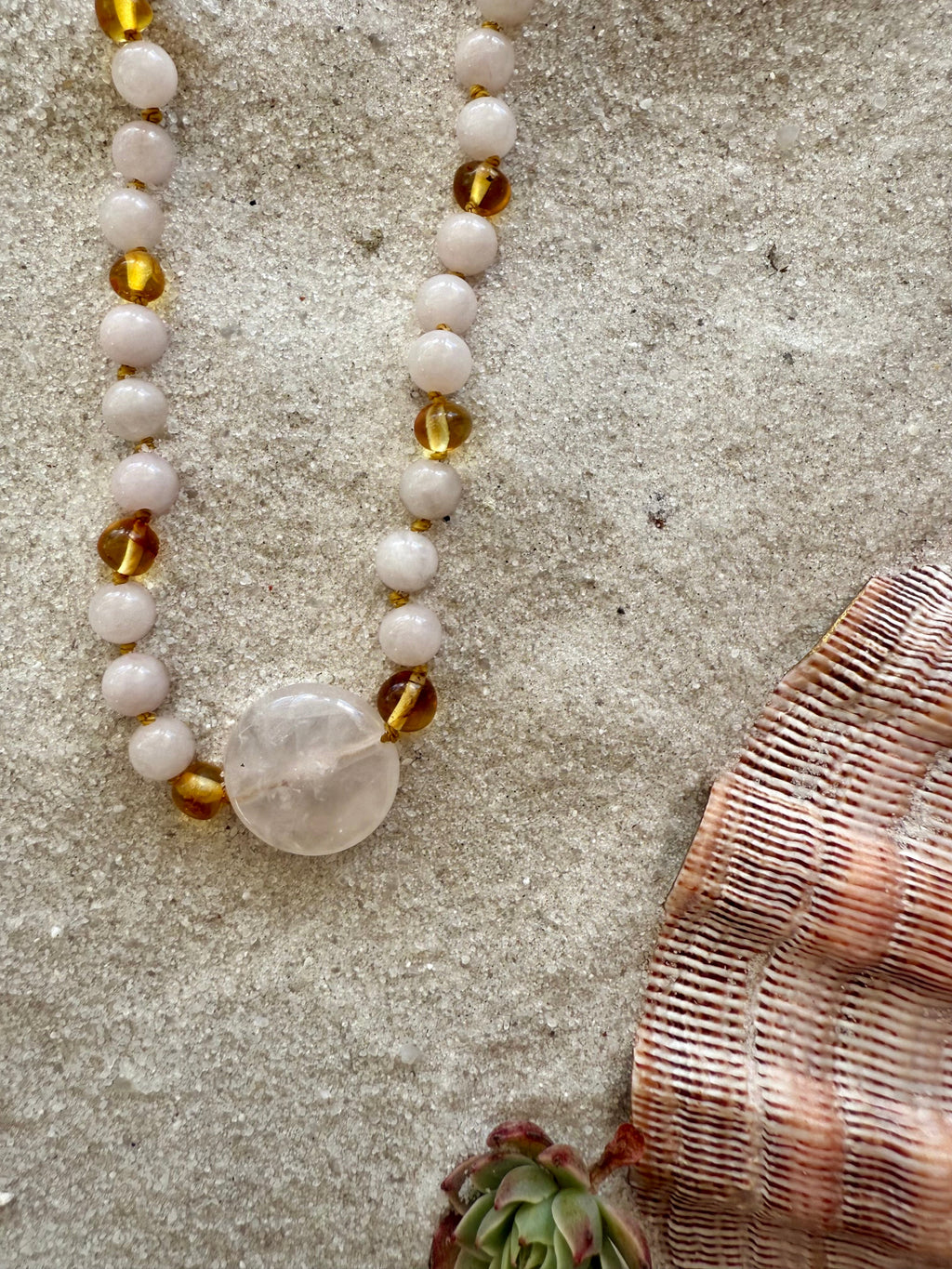 Rose Quartz + Honey Baltic Sea Amber || Rose Quartz Stone Necklace