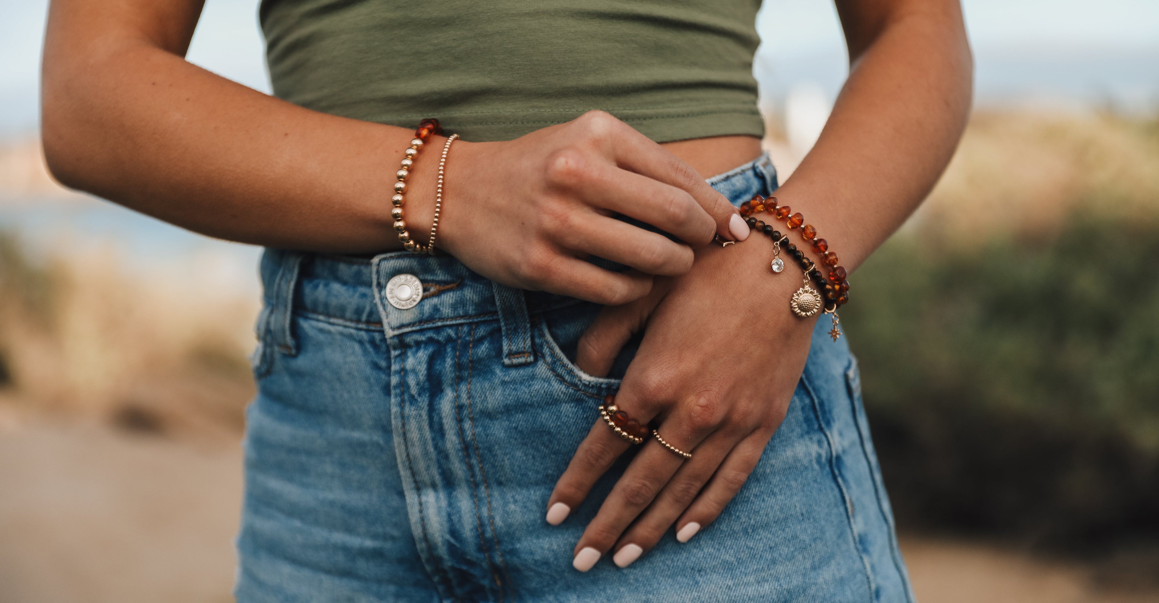 Baltic Sea Amber : 14k Gold Filled Beaded Sun + Moon || Adult Bracelets