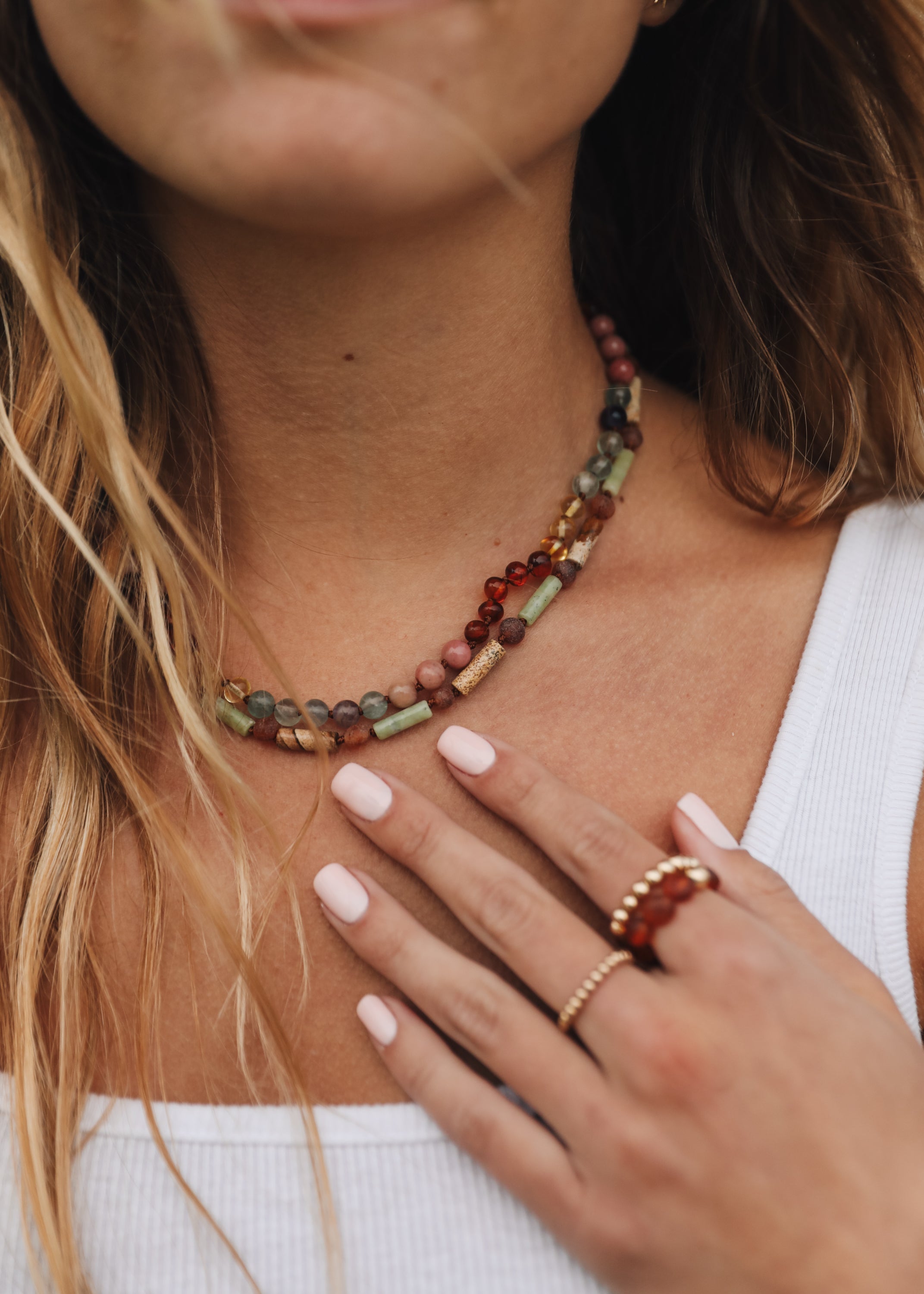Raw Cognac Baltic Sea Amber + Green Jade + Striped Agate || Necklace