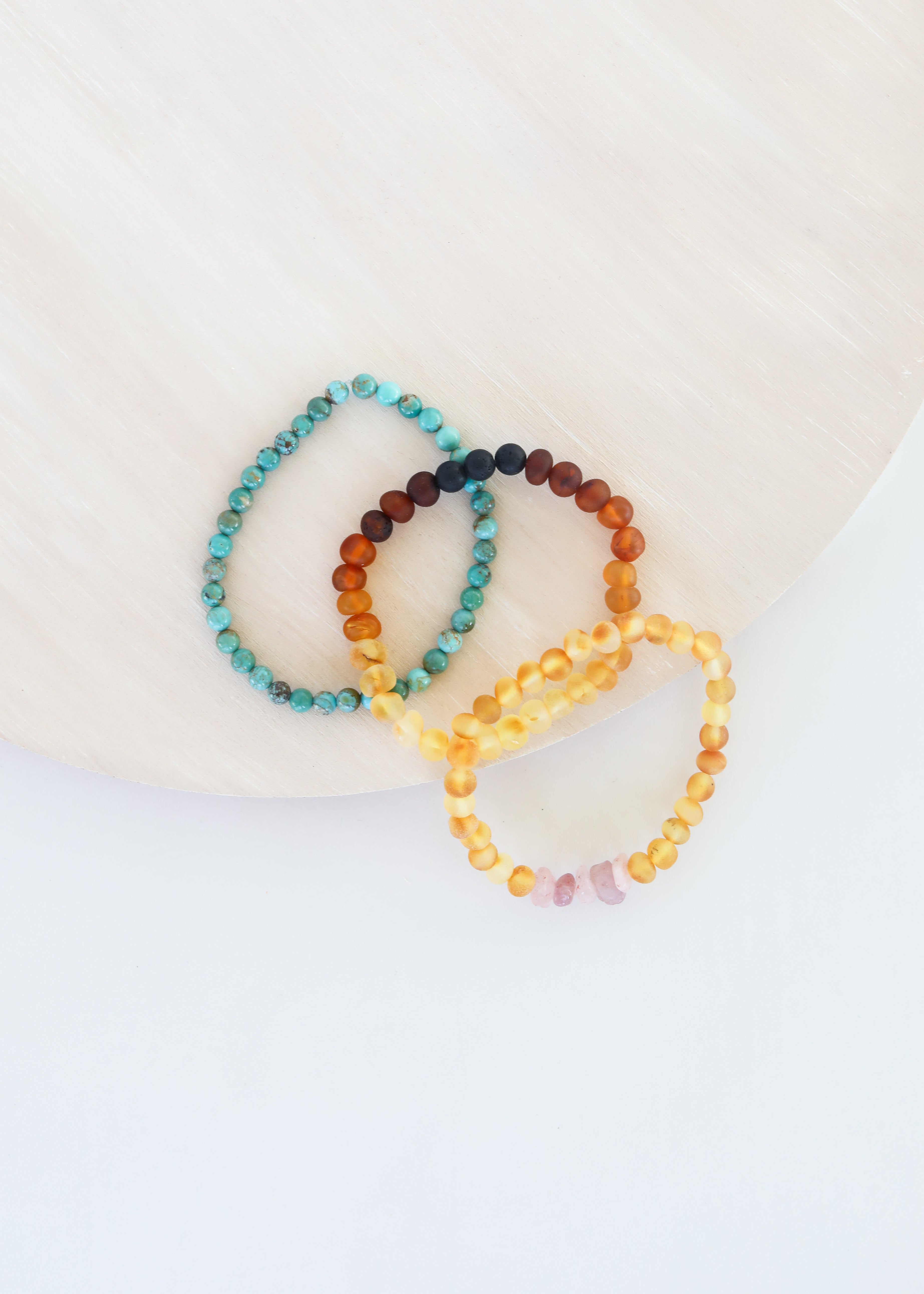 Natural Turquoise + Ombre + Raw Amber with Rose Quartz || Adult Bracelet Set