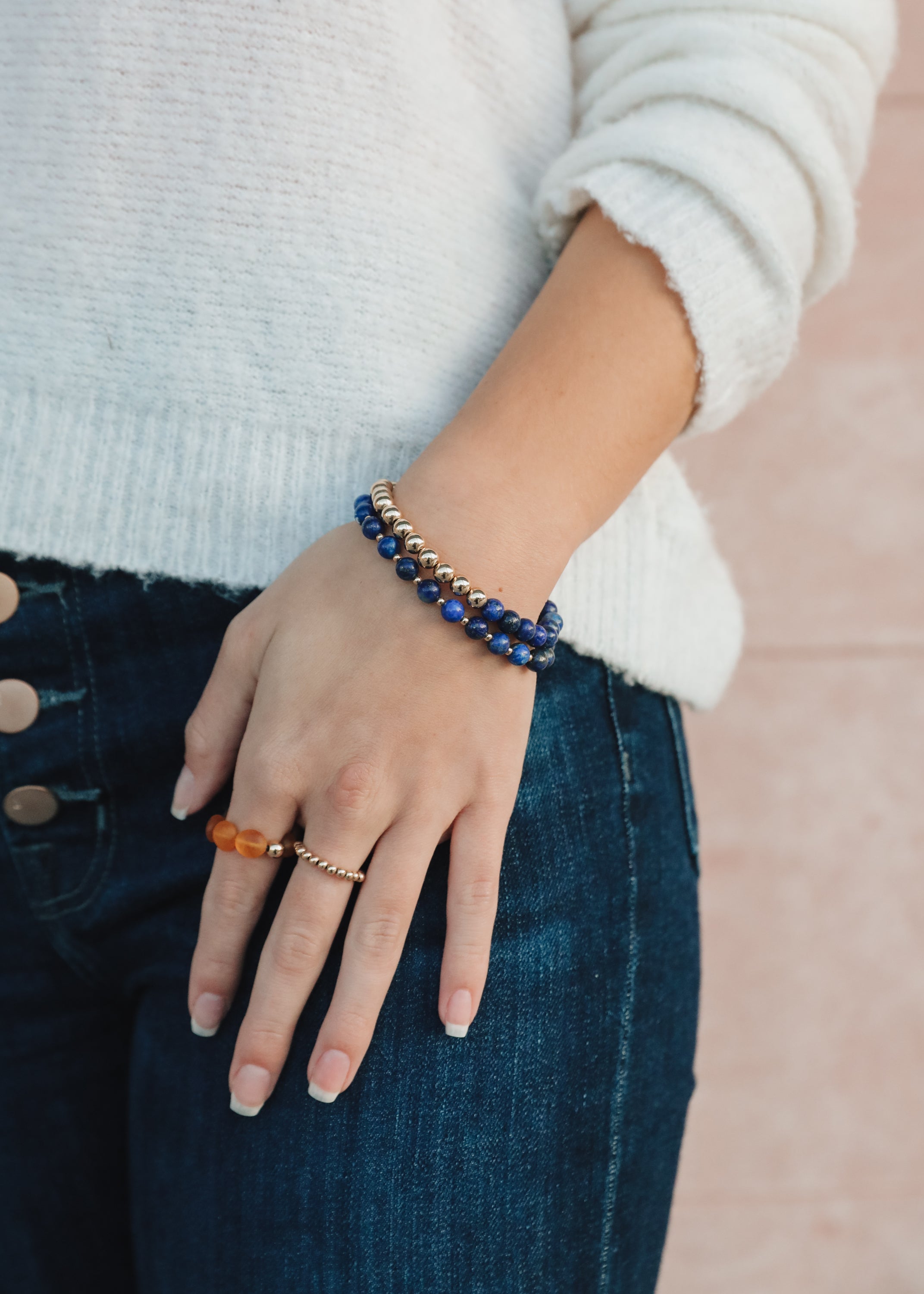 Lapis Lazuli : 14k Gold Filled Beaded Sun + Moon || Stretch Bracelets