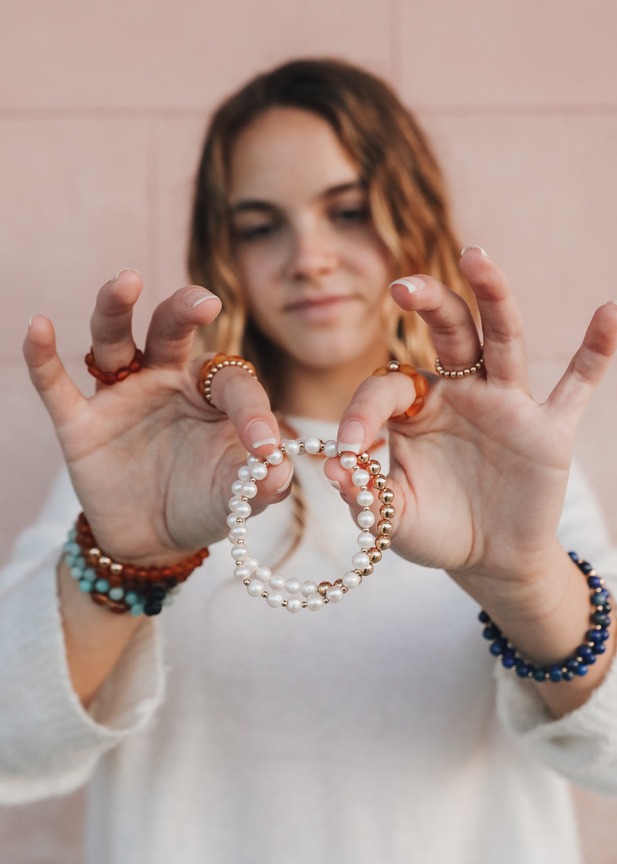 Pearl : 14k Gold Filled Sun + Moon || Stretch Bracelets