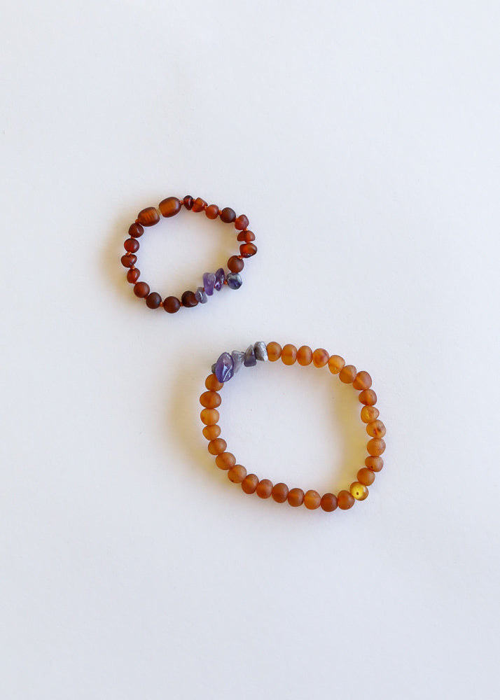 Raw Cognac Baltic Amber + Raw Amethyst || Bracelet Set