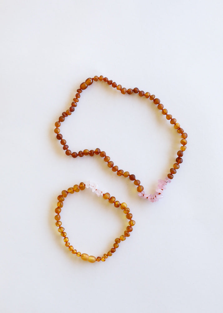 Raw Cognac Baltic Amber + Raw Rose Quartz || Necklace Set