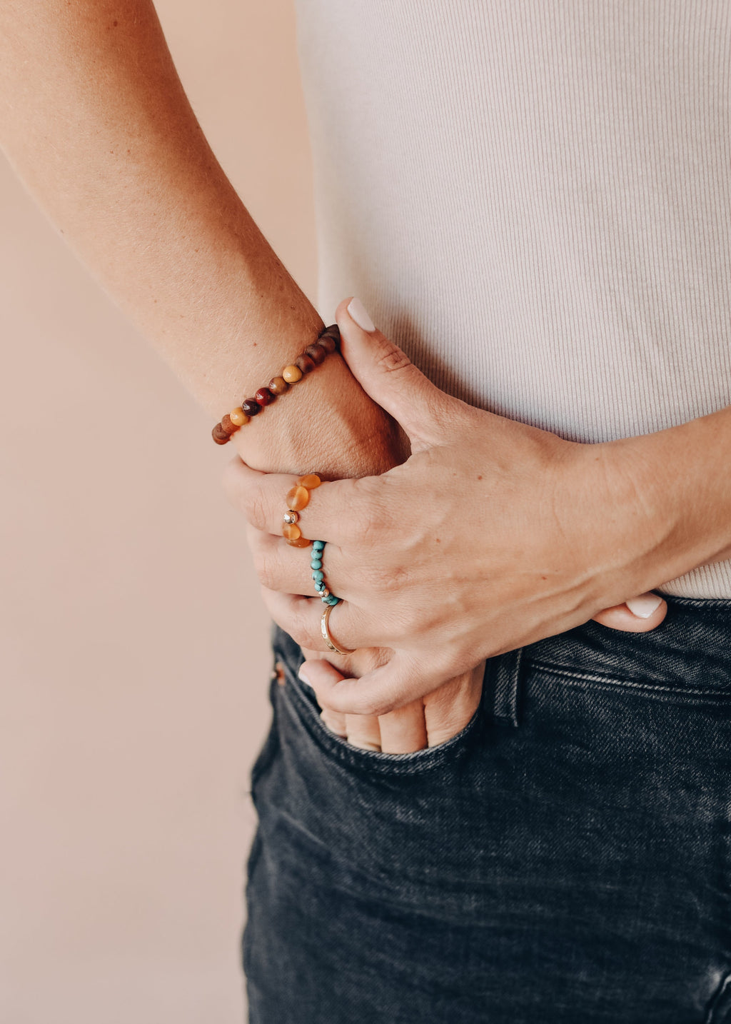 Raw Cognac Baltic Amber + Mookaite Jasper || Adult Stretch Bracelet