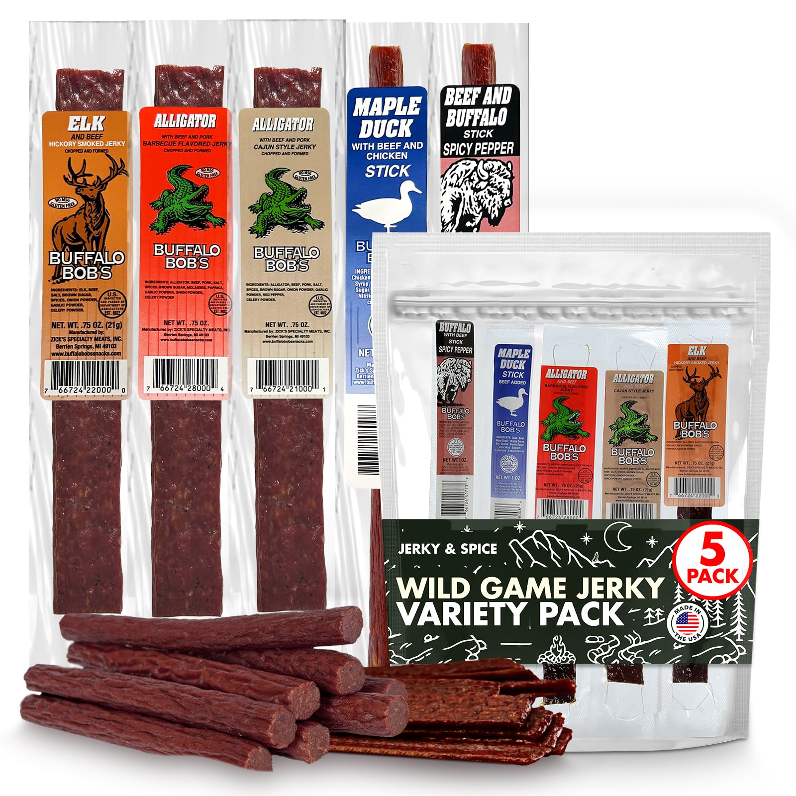 Wild Game Jerky Variety Pack - 5 Exotic Meats, Premium Gift Set (8 oz)