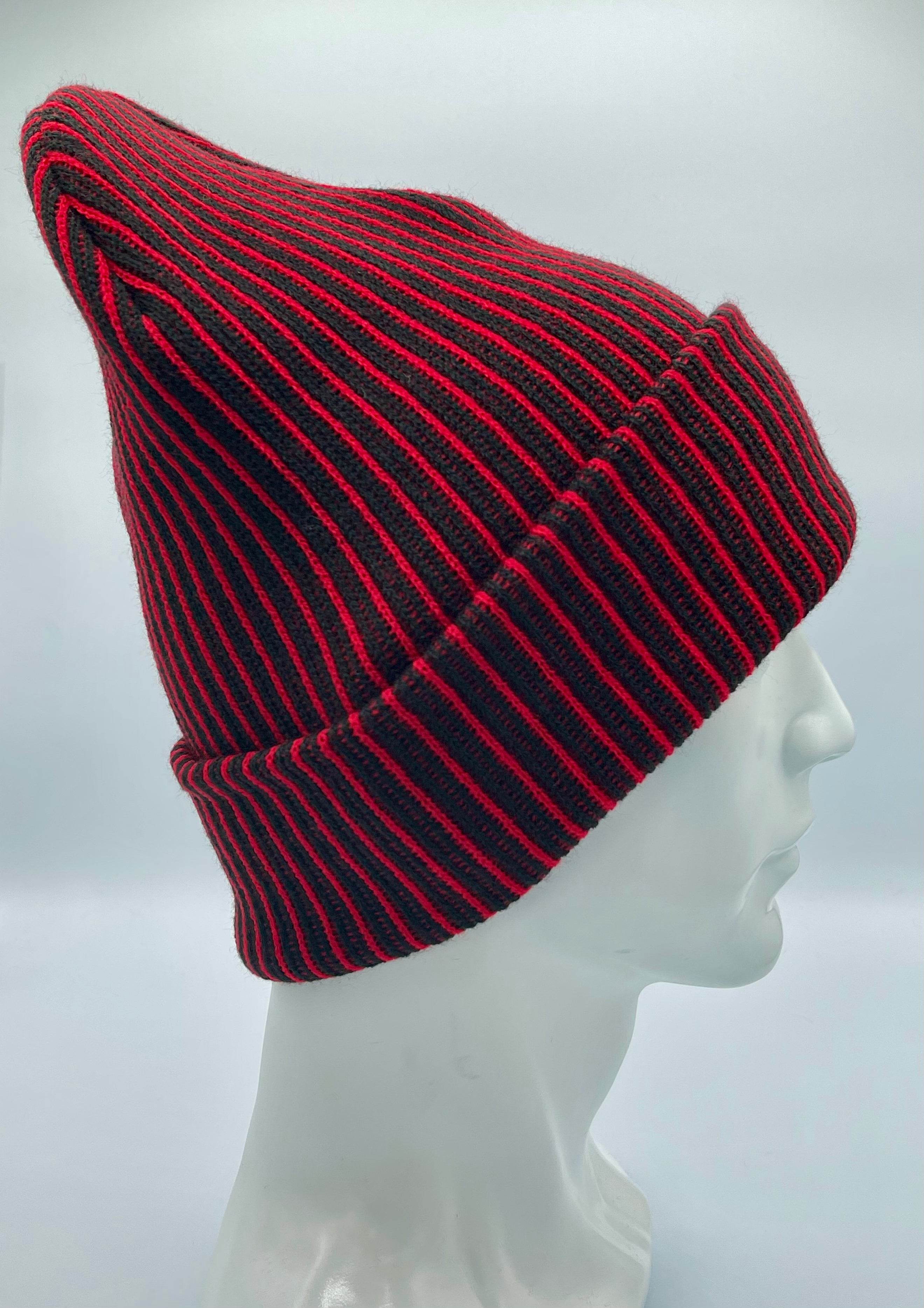 HAAKWEAR Cuffed Wide Ribbed Striped Beanie / Hat, Black / Red, Limited Edition - Made in USA