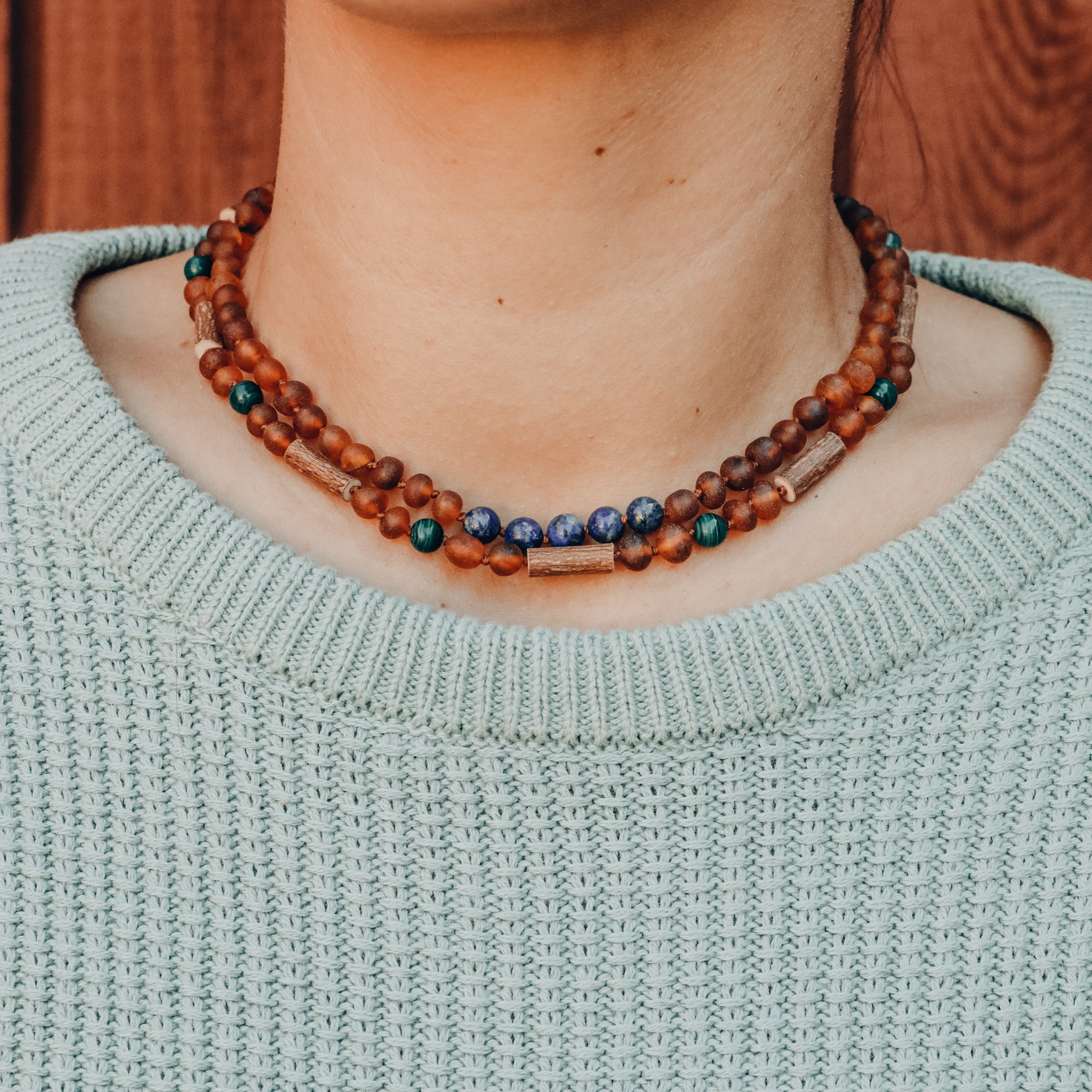 Raw Cognac Baltic Amber + Lapis Stone Necklace
