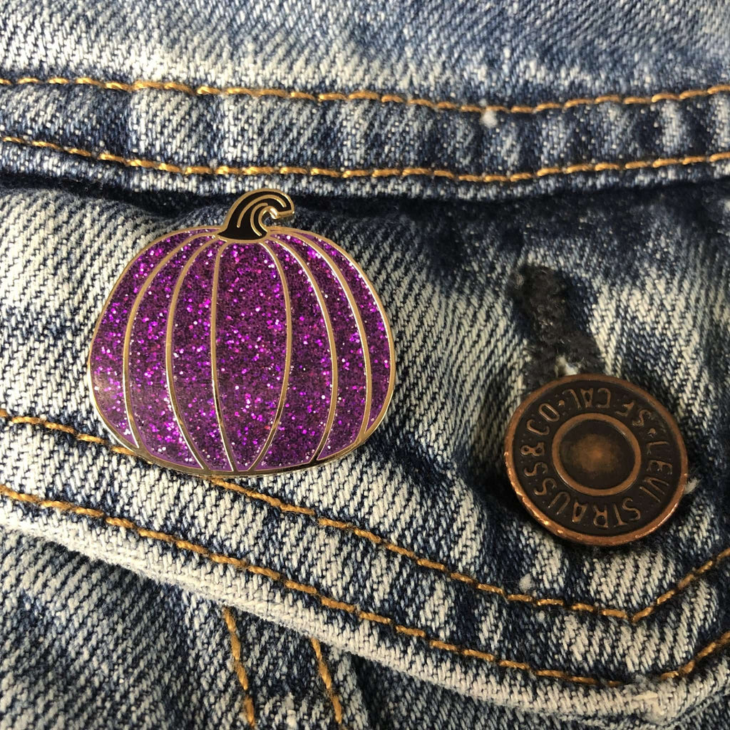 Purple Glitter Pumpkin w Black Stem Enamel Pin