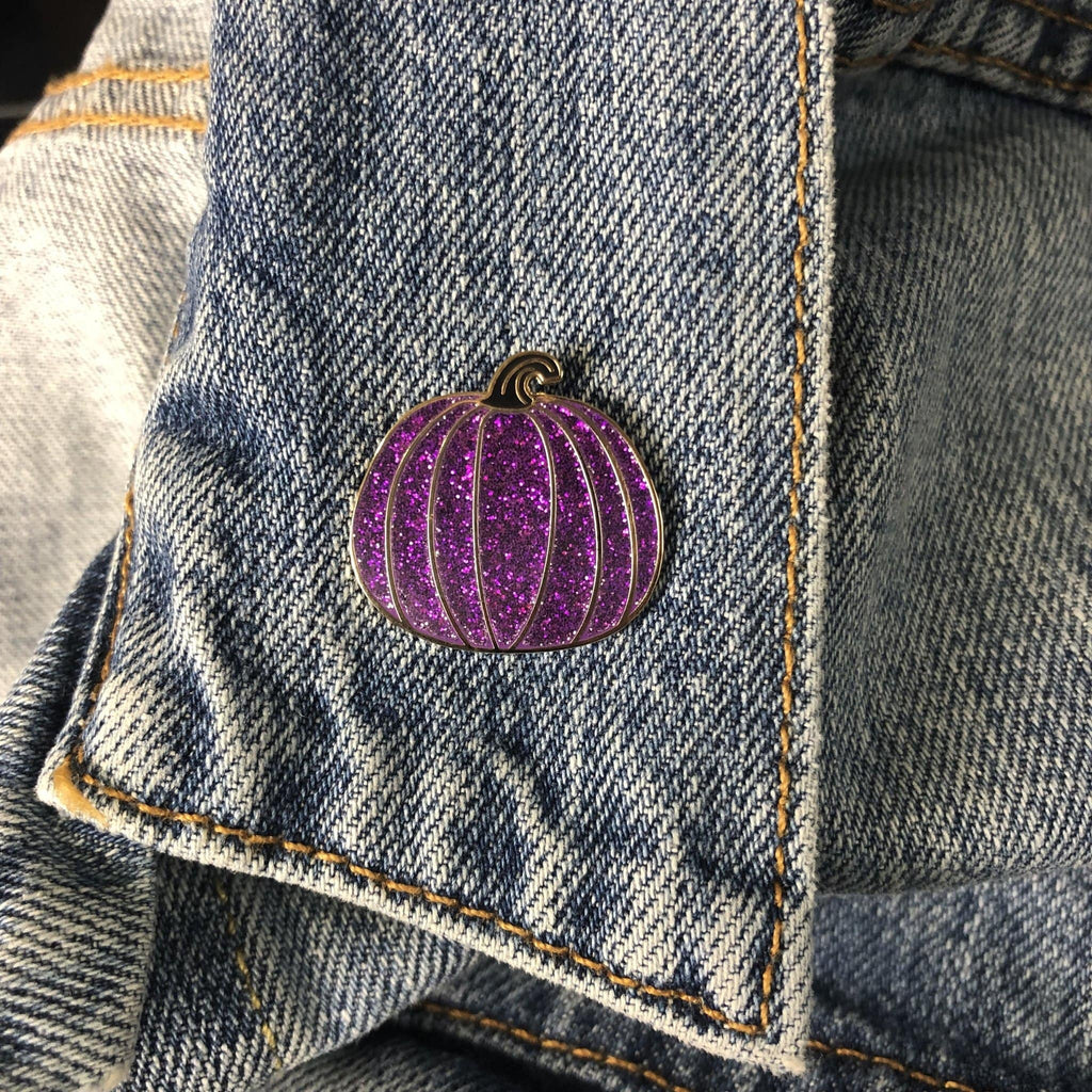 Purple Glitter Pumpkin w Black Stem Enamel Pin