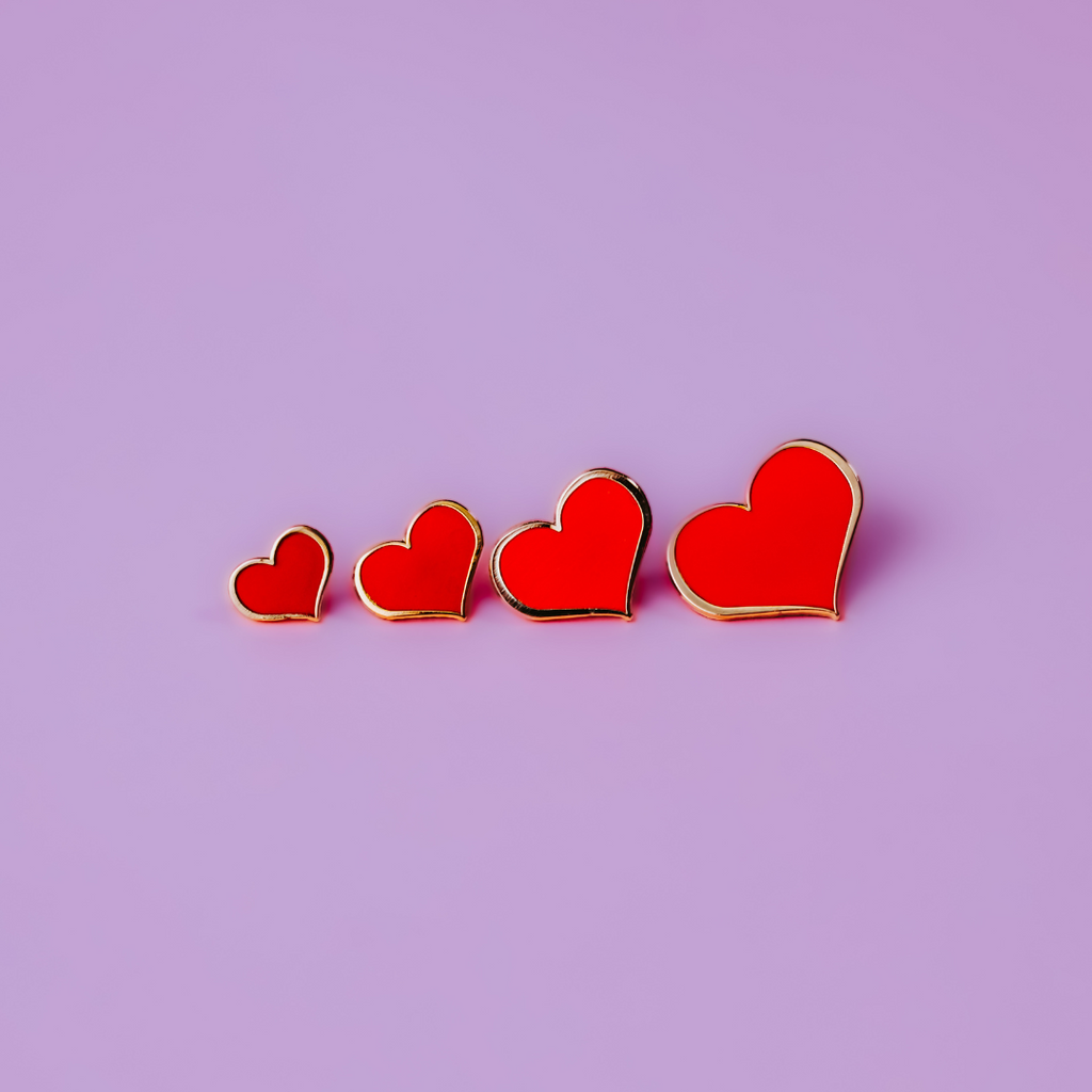 Red Heart Enamel Pin 4-Pack Set – 1, ¾, ½ & ¼-inch Sizes Included