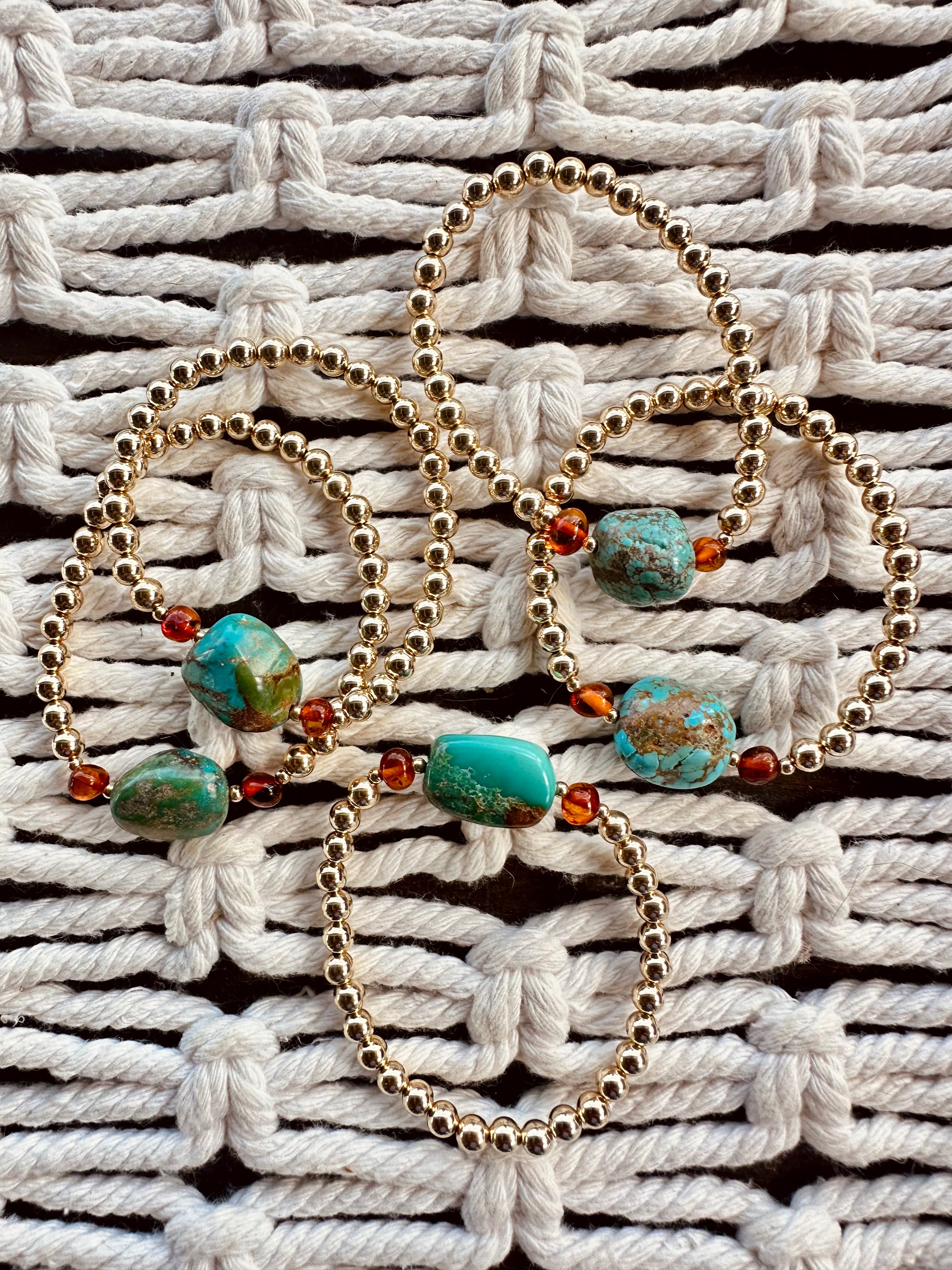 Natural Turquoise + Baltic Amber || 14K Gold Filled || Adult Stretch Bracelet