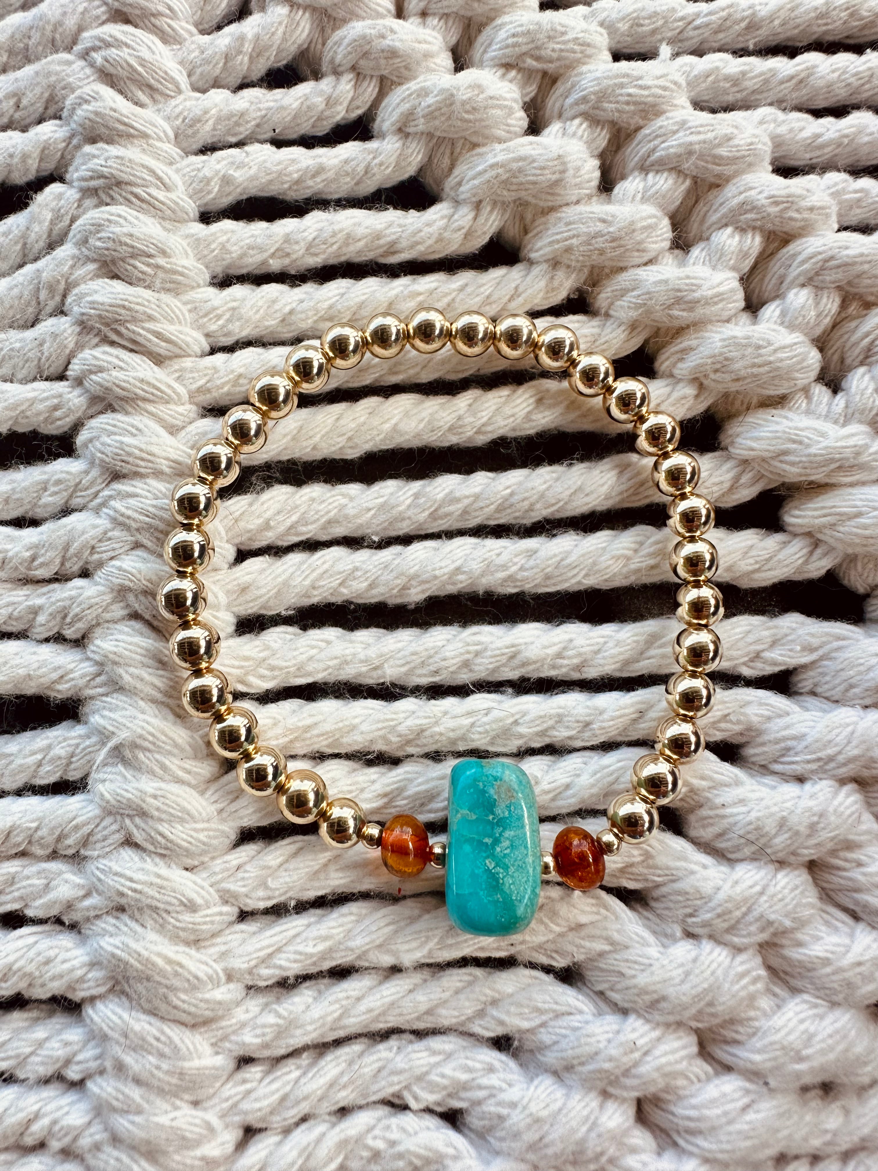Natural Turquoise + Baltic Amber || 14K Gold Filled || Adult Stretch Bracelet