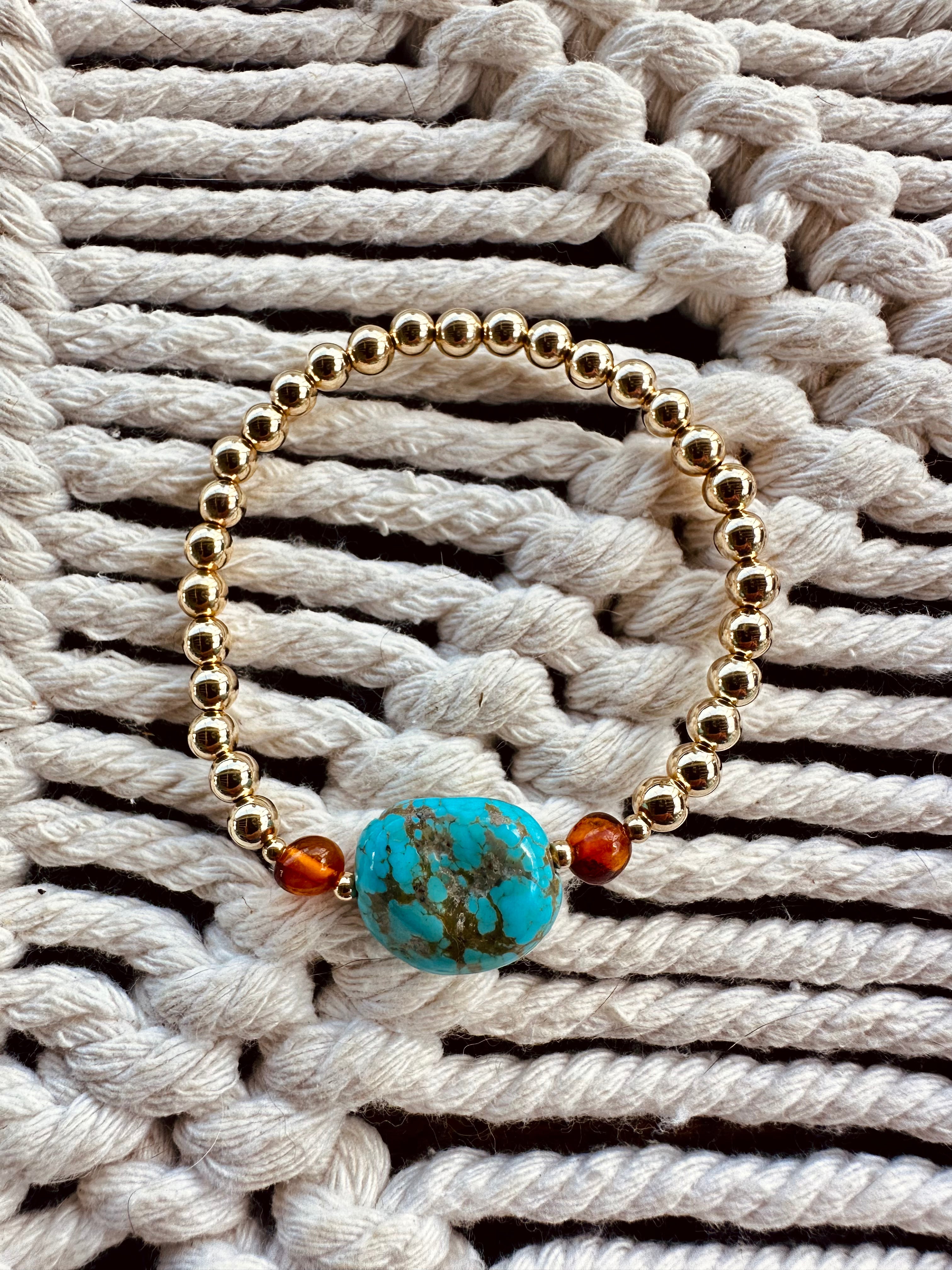 Natural Turquoise + Baltic Amber || 14K Gold Filled || Adult Stretch Bracelet