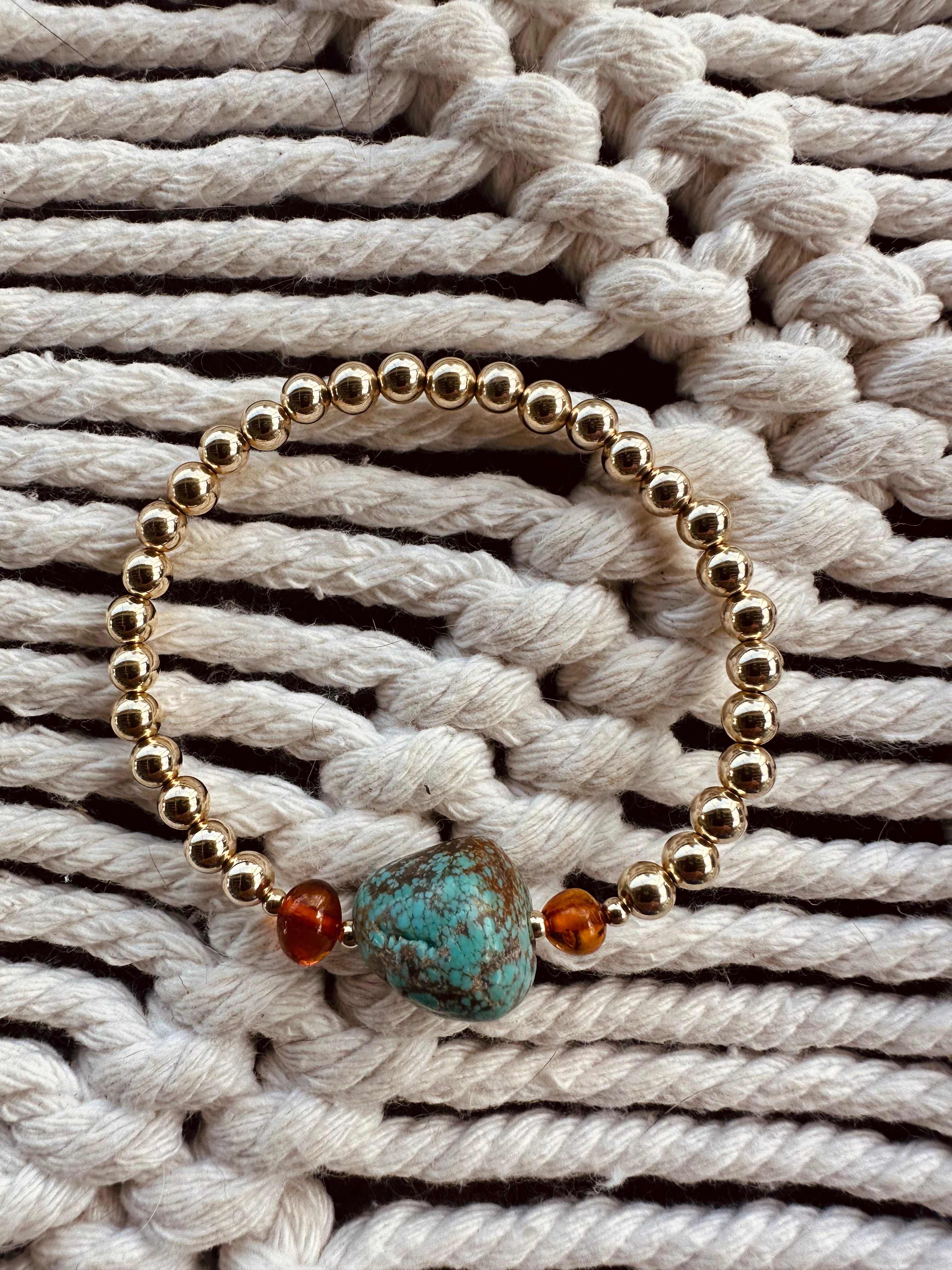 Natural Turquoise + Baltic Amber || 14K Gold Filled || Adult Stretch Bracelet