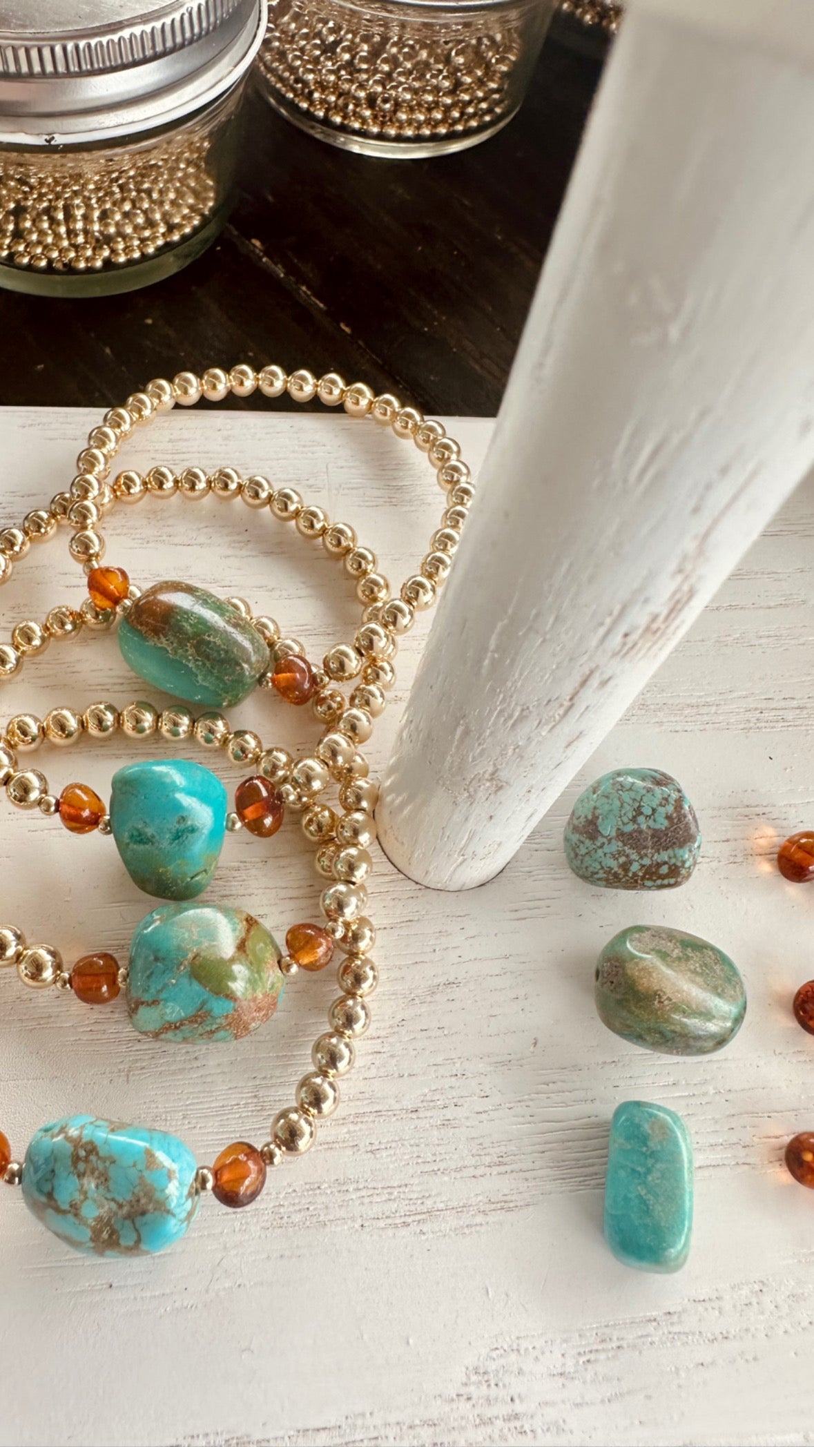 Natural Turquoise + Baltic Amber || 14K Gold Filled || Adult Stretch Bracelet