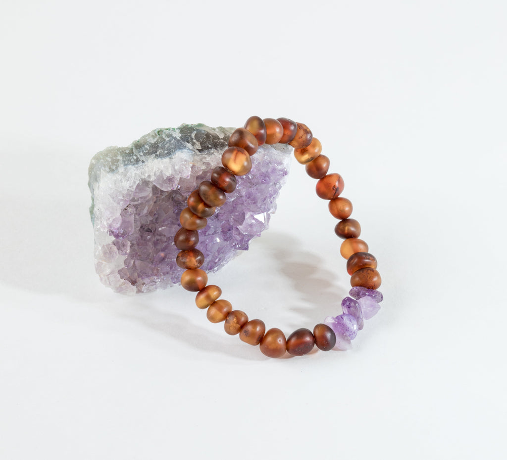 Raw Cognac Baltic Amber + Raw Amethyst || Adult Bracelet