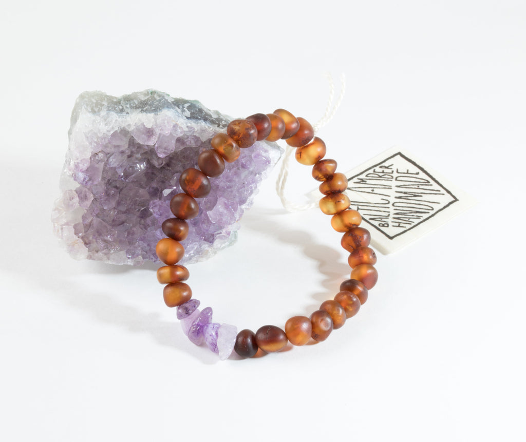Raw Cognac Baltic Amber + Raw Amethyst || Adult Bracelet