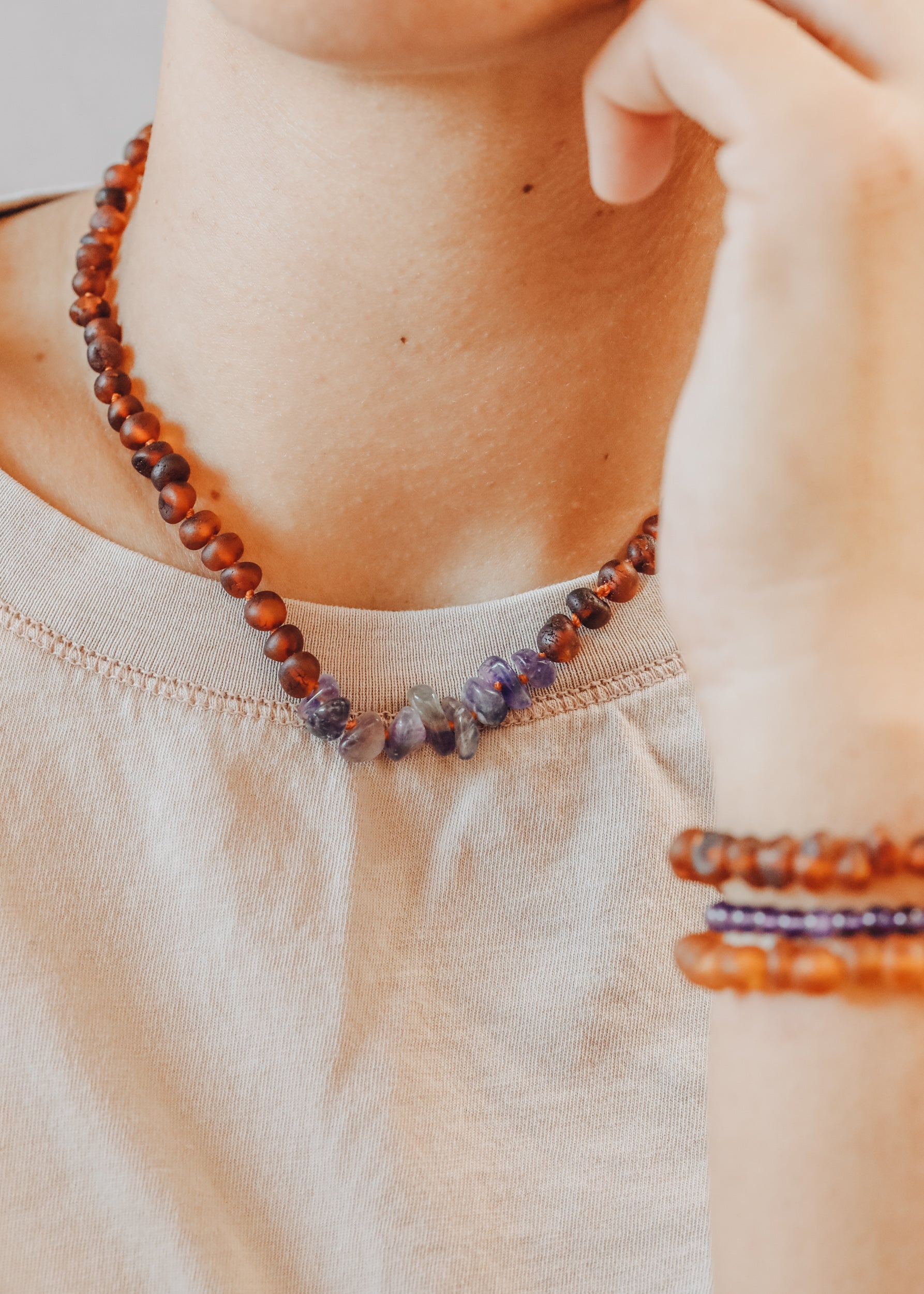 Raw Cognac Baltic Amber + Raw Amethyst || Necklace