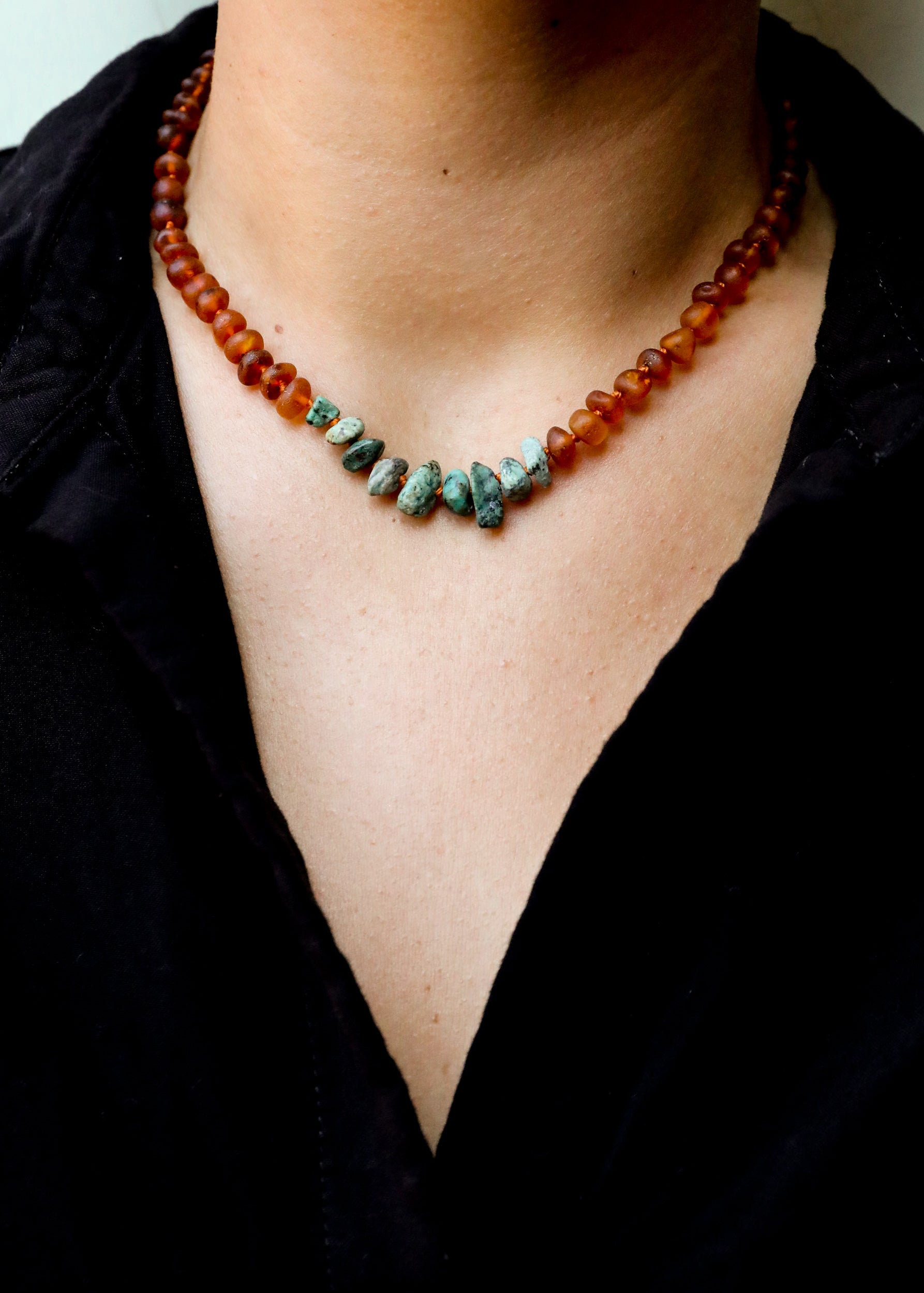 Raw Cognac Baltic Amber + Raw Turquoise Jasper || Necklace